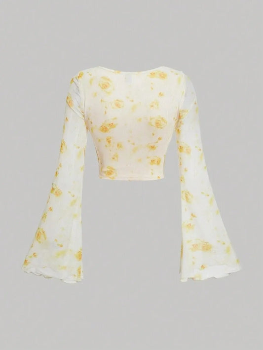 Tie-Dye Crop Top with Flowy Sleeves